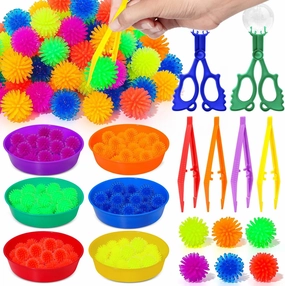 102 Pcs Hedge Balls Sensory Bin Filler Counting Sorting Sensory Bin Items Motor Toy Set Include 90 Hedge Ball 4 Tweezer 2 Scissor Clip 6 Cups for Kids Counting Toys for Preschool Education Activities