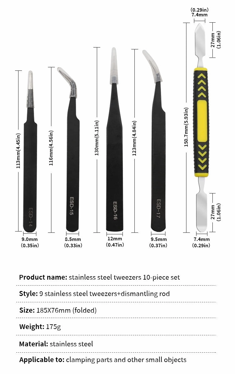10Pcs Dismantling Pry Bar ESD Tweezer Tool Set Anti-static Precision Tweezer Tools