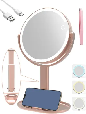 10x Magnifying Mirror with Light,Double Sided Magnified Mirrors,Rechargeable 3 Color Lights and Adjustable Brightness Vanity Mirror,360° Rotation Detachable for Travel with Tweezer