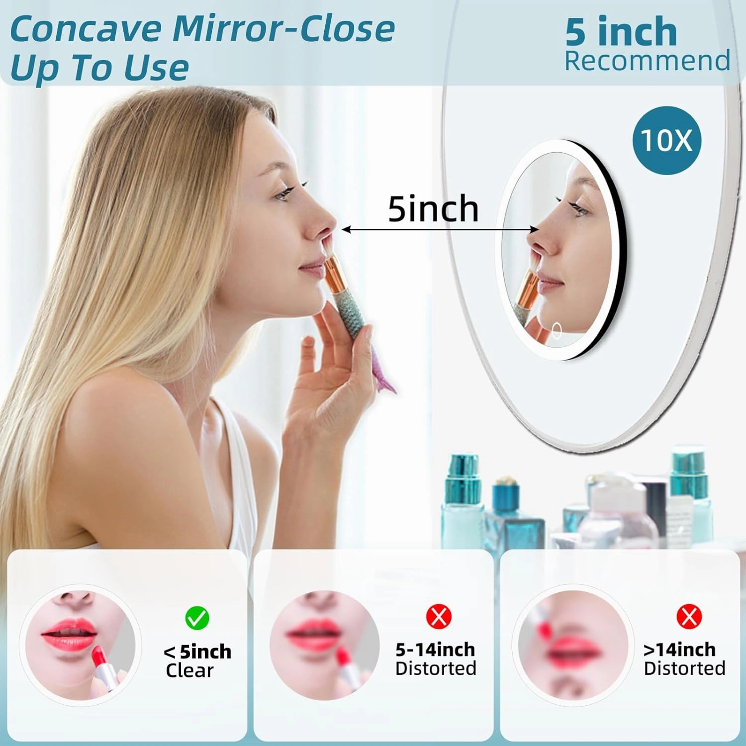 10X Magnifying Mirror with Light, 6inch Makeup Magnifying Mirror with Suction Cups, 10X Lighted Travel Magnification Mirror Large 10x Magnified Mirror with Lights, Compact 10X Travel Magnifying Mirror