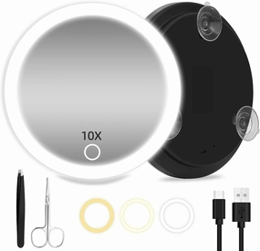 10X Magnifying Mirror with Light, 6inch Makeup Magnifying Mirror with Suction Cups, 10X Lighted Travel Magnification Mirror Large 10x Magnified Mirror with Lights, Compact 10X Travel Magnifying Mirror