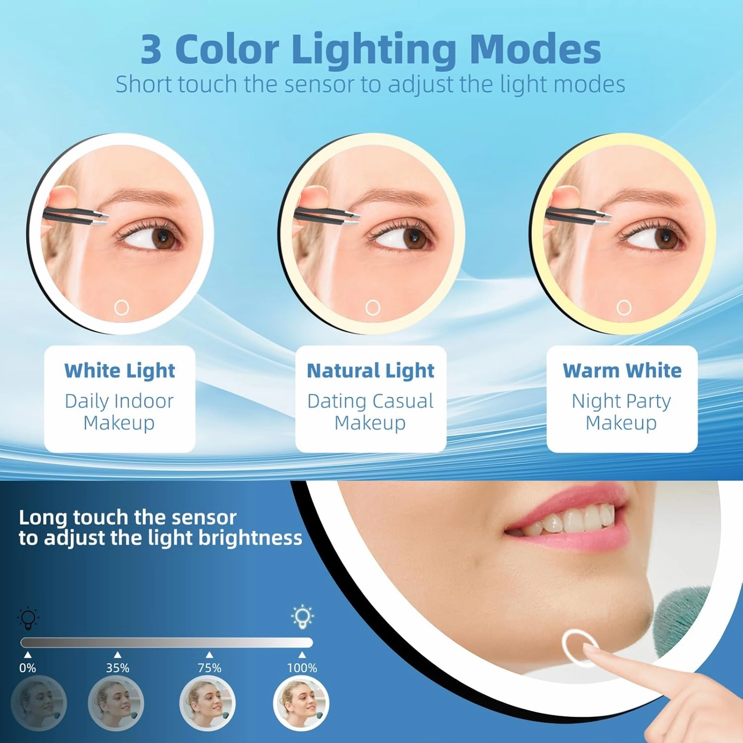 10X Magnifying Mirror with Light, 6inch Makeup Magnifying Mirror with Suction Cups, 10X Lighted Travel Magnification Mirror Large 10x Magnified Mirror with Lights, Compact 10X Travel Magnifying Mirror