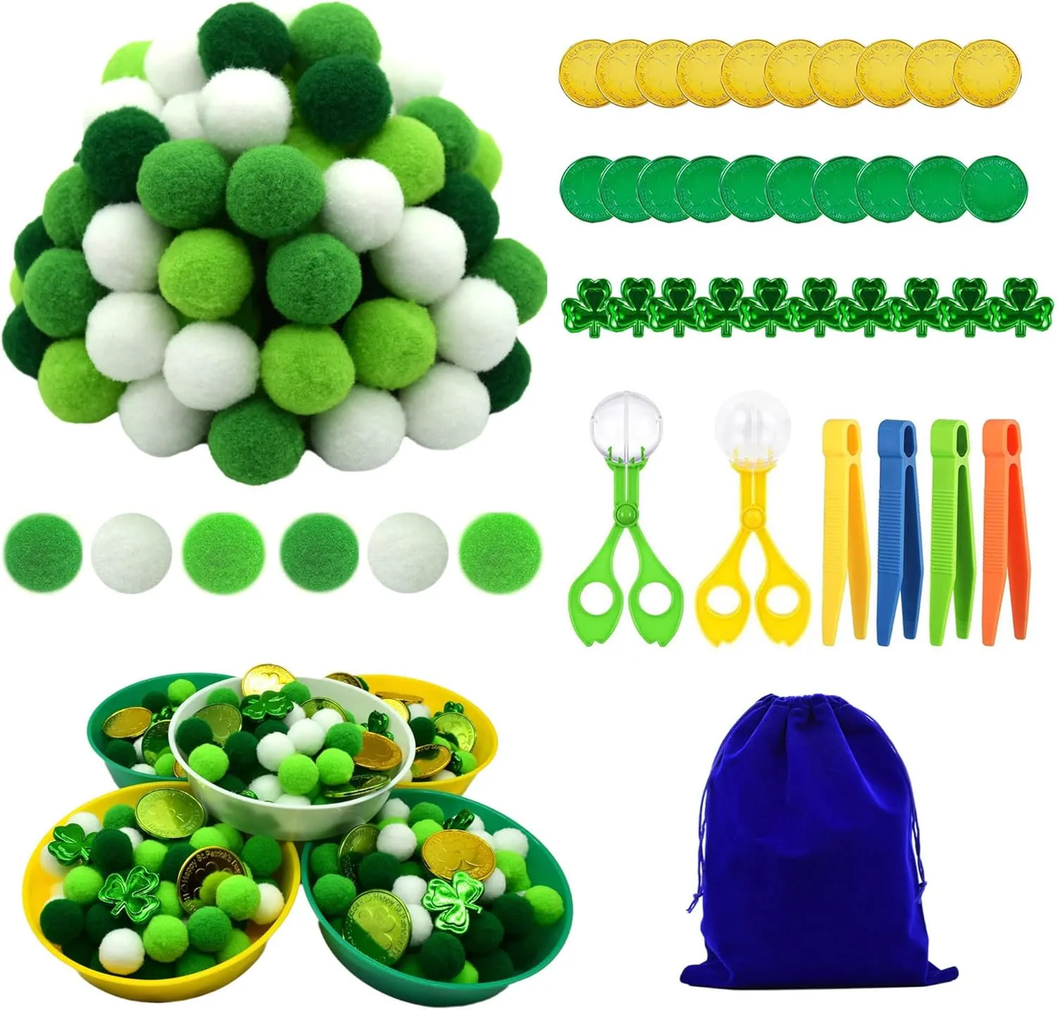 142pcs Fine Motor Skills Counting Sorting Sensory Bin Filler -100pcs Pompoms 20Pcs shamrock coins 10pcs shamrock 5 Cups 4 Tweezers 2 Scissors 1pcs Storage Bag for Early Education Train (Green White)