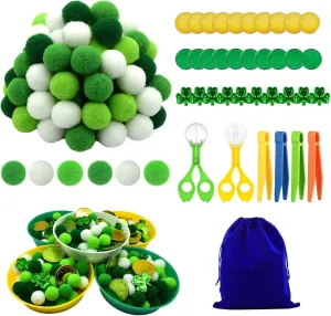 142pcs Fine Motor Skills Counting Sorting Sensory Bin Filler -100pcs Pompoms 20Pcs shamrock coins 10pcs shamrock 5 Cups 4 Tweezers 2 Scissors 1pcs Storage Bag for Early Education Train (Green White)