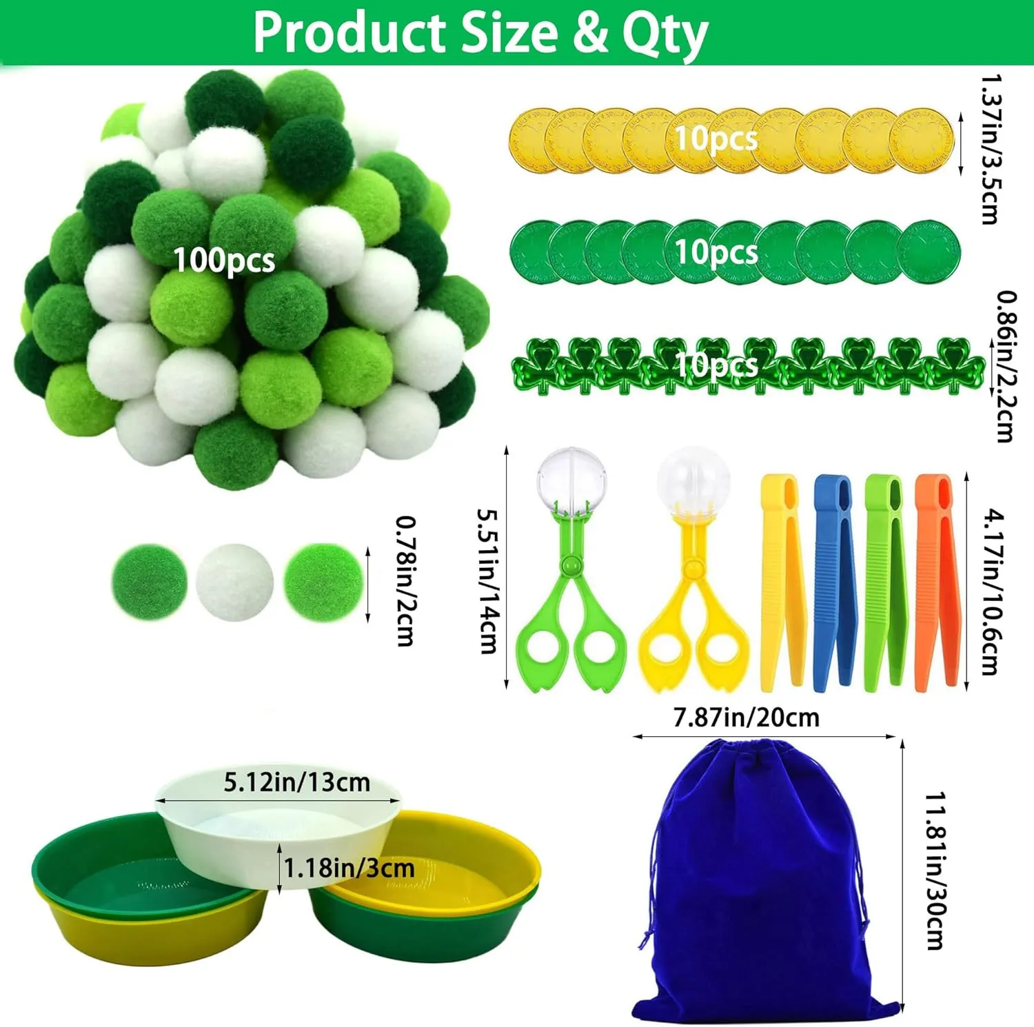 142pcs Fine Motor Skills Counting Sorting Sensory Bin Filler -100pcs Pompoms 20Pcs shamrock coins 10pcs shamrock 5 Cups 4 Tweezers 2 Scissors 1pcs Storage Bag for Early Education Train (Green White)