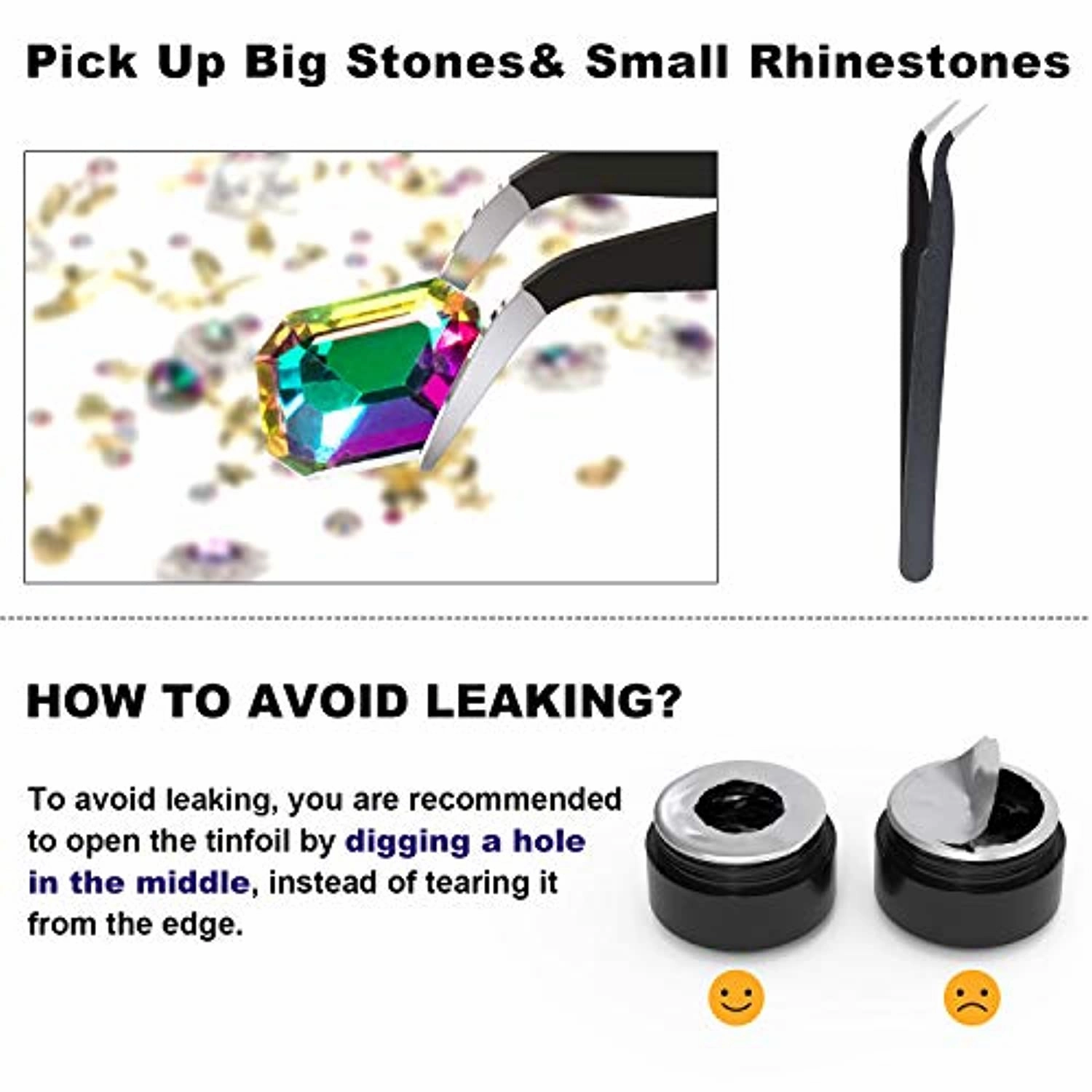 15ML NO WIPE Rhinestones Glue Gel LED Lamp Cure Needed 3 Brushes Tools 1 Rhinestones Pickup Pen 1 Tweezer Gem Stones Jewelry Diamond Beads Nail Polish Clear Decoration More Sticky&Thicker Nail Art