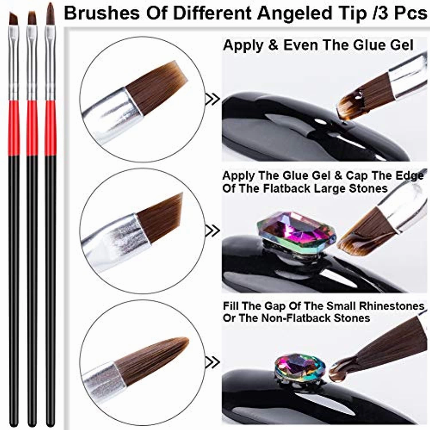15ML NO WIPE Rhinestones Glue Gel LED Lamp Cure Needed 3 Brushes Tools 1 Rhinestones Pickup Pen 1 Tweezer Gem Stones Jewelry Diamond Beads Nail Polish Clear Decoration More Sticky&Thicker Nail Art
