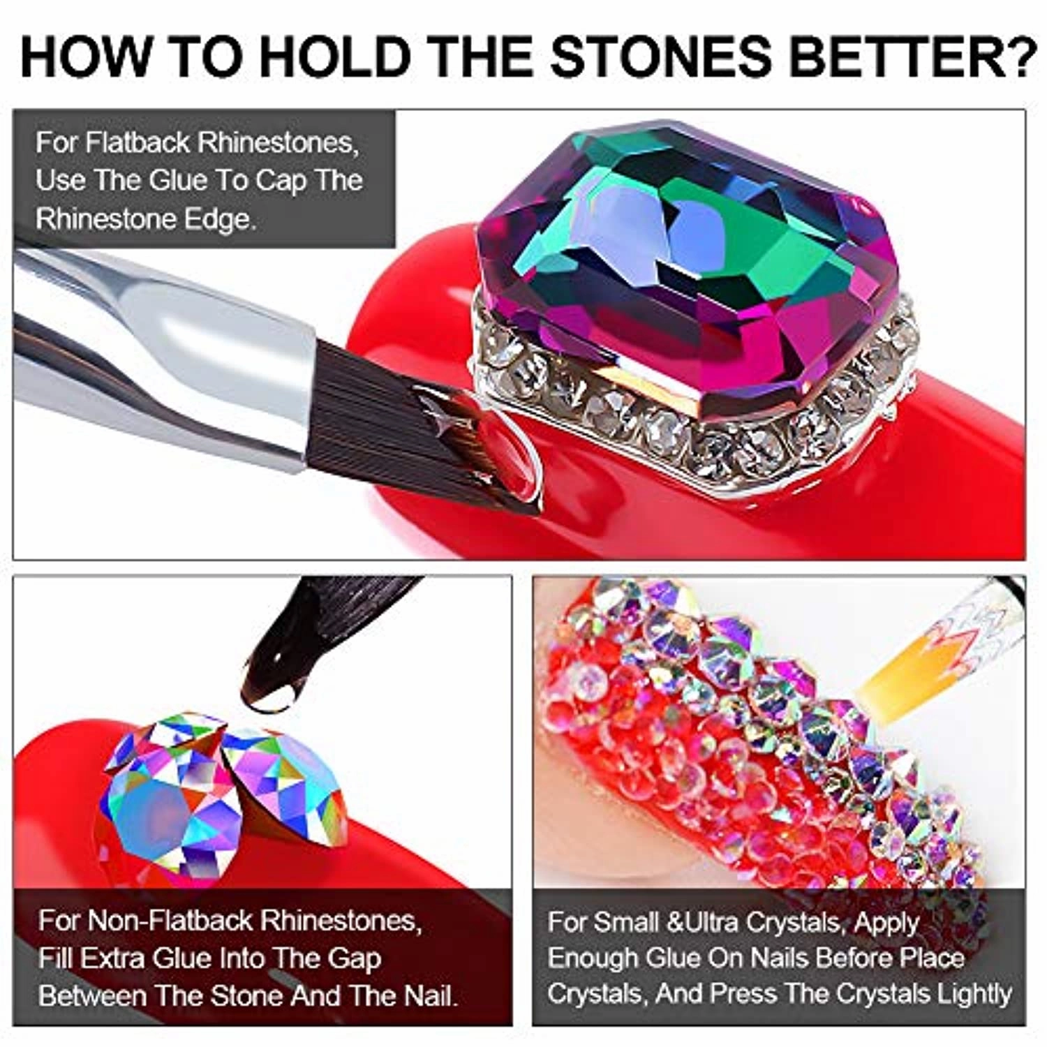 15ML NO WIPE Rhinestones Glue Gel LED Lamp Cure Needed 3 Brushes Tools 1 Rhinestones Pickup Pen 1 Tweezer Gem Stones Jewelry Diamond Beads Nail Polish Clear Decoration More Sticky&Thicker Nail Art