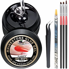 15ML NO WIPE Rhinestones Glue Gel LED Lamp Cure Needed 3 Brushes Tools 1 Rhinestones Pickup Pen 1 Tweezer Gem Stones Jewelry Diamond Beads Nail Polish Clear Decoration More Sticky&Thicker Nail Art