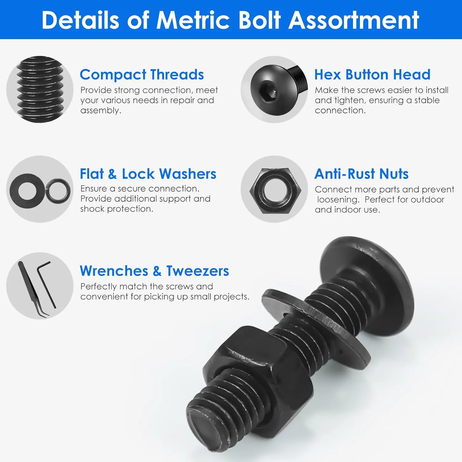 1845 Pcs Machine Screw Assortment Kit, Hex Button Head Cap Bolts and Nuts Kit with Lock and Flat Washers Including M2 M3 M4 M5 Sizes, 10.9 Alloy Steel Metric Socket Head Screw Set with Allen Wrench