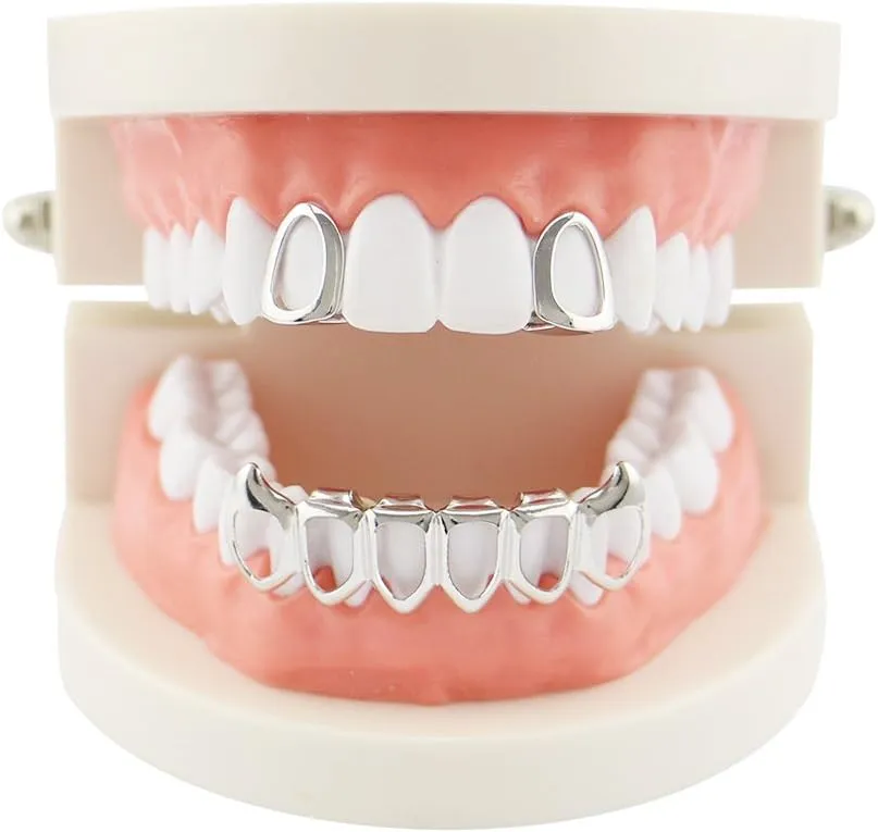18K Gold Plated Hip Hop Teeth Grillz Caps Open Face 2pcs Single Top and 6 Bottom Grills for Your Teeth Grillz Set for Men Women