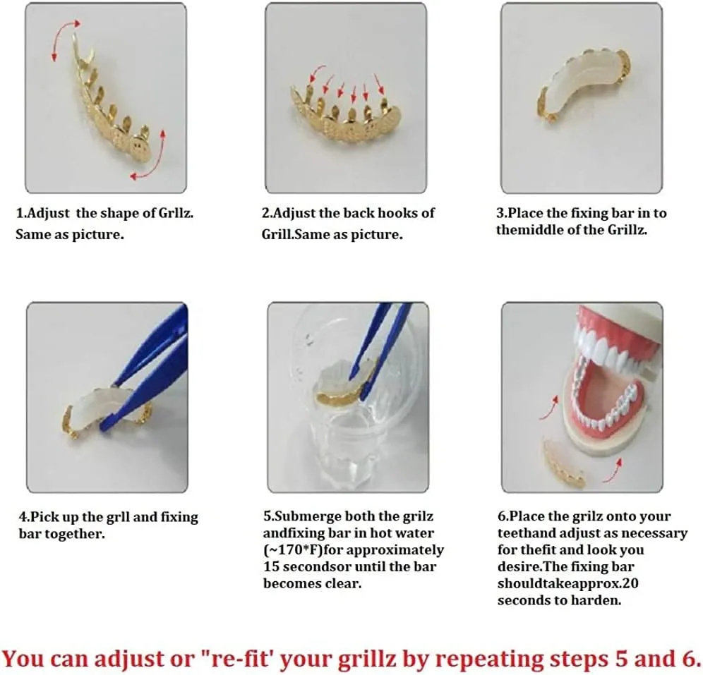 18K Gold Plated Hip Hop Teeth Grillz Caps Open Face 2pcs Single Top and 6 Bottom Grills for Your Teeth Grillz Set for Men Women