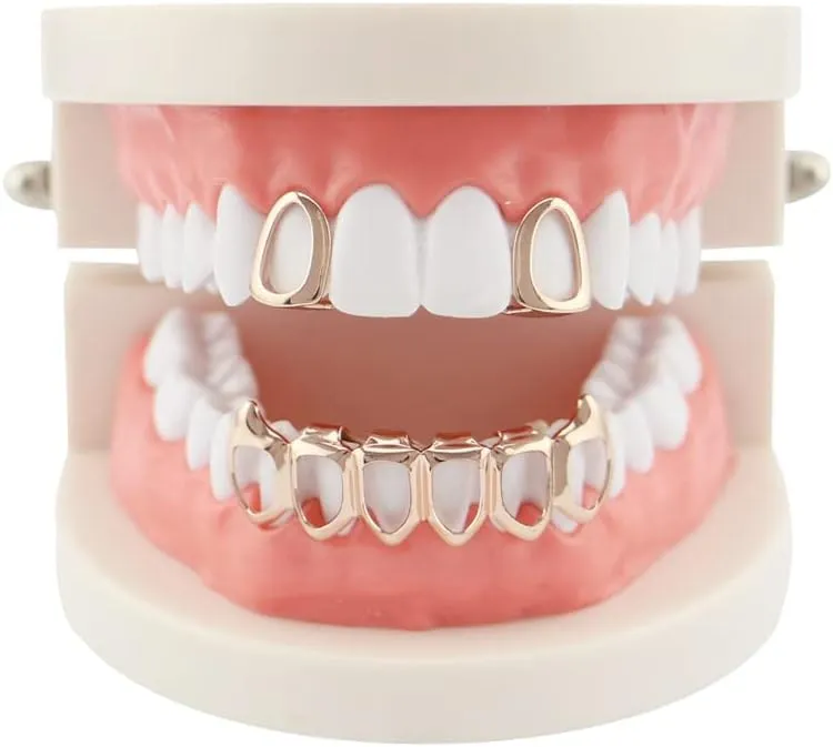 18K Gold Plated Hip Hop Teeth Grillz Caps Open Face 2pcs Single Top and Bottom Grills for Your Teeth Grillz Set for Men Women