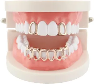 18K Gold Plated Hip Hop Teeth Grillz Caps Open Face 2pcs Single Top and Bottom Grills for Your Teeth Grillz Set for Men Women