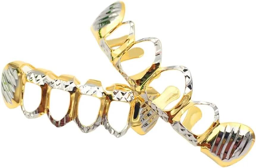 18K Gold Plated Hip Hop Teeth Grillz Caps Open Face 6 Top & 6 Bottom Mouth Grills for Your Teeth Rugged Grillz for Men Women Rapper Costume