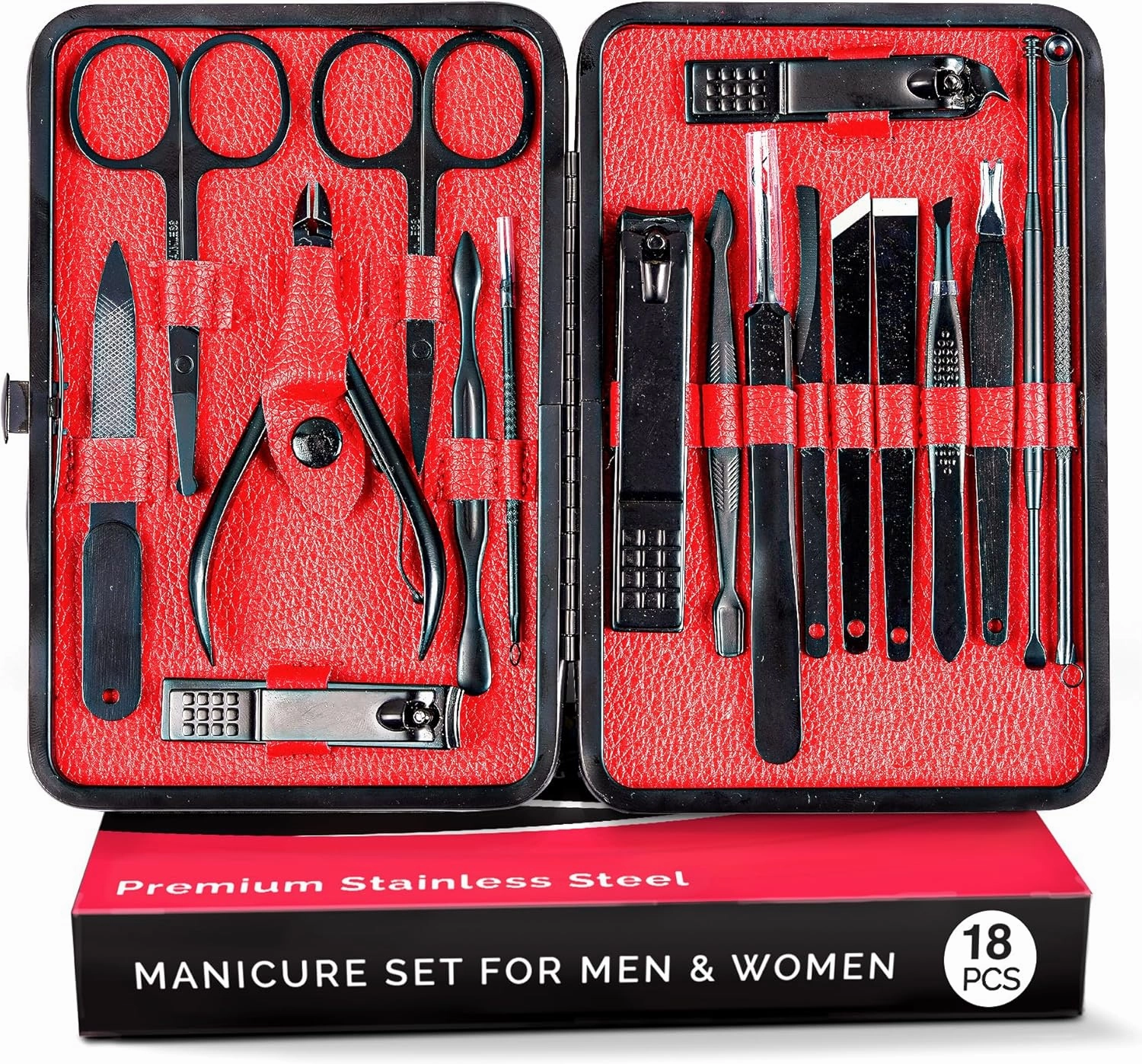 18pcs Stainless Steel Manicure Kit for Men & Women - Professional Manicure Pedicure Set - Portable Women Grooming Kit for Home or Travel - Cuticle Kit with Nail Clipper Set, Scissor, Tweezer, Ear-Pick