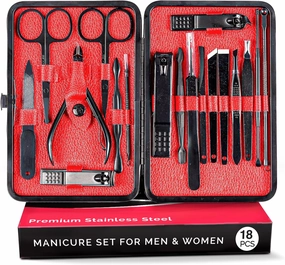 18pcs Stainless Steel Manicure Kit for Men & Women - Professional Manicure Pedicure Set - Portable Women Grooming Kit for Home or Travel - Cuticle Kit with Nail Clipper Set, Scissor, Tweezer, Ear-Pick