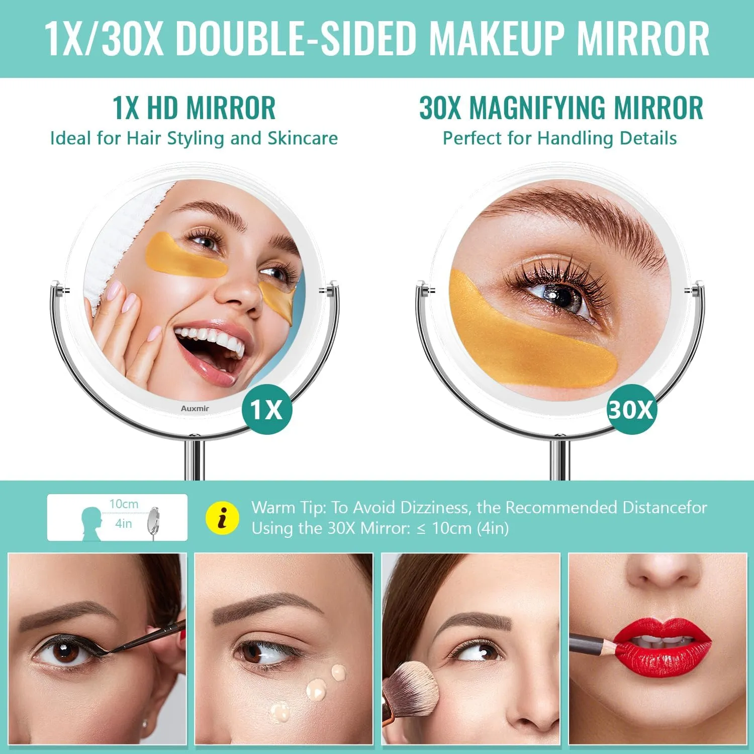 1X/ 30X Magnifying Mirror, Makeup Mirror with Tweezer, Double Sided Round Vanity Tabletop Mirror, 360° Rotation Portable for Dressing Table Desk Bathroom Bedroom Travel, Clear