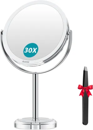 1X/ 30X Magnifying Mirror, Makeup Mirror with Tweezer, Double Sided Round Vanity Tabletop Mirror, 360° Rotation Portable for Dressing Table Desk Bathroom Bedroom Travel, Clear