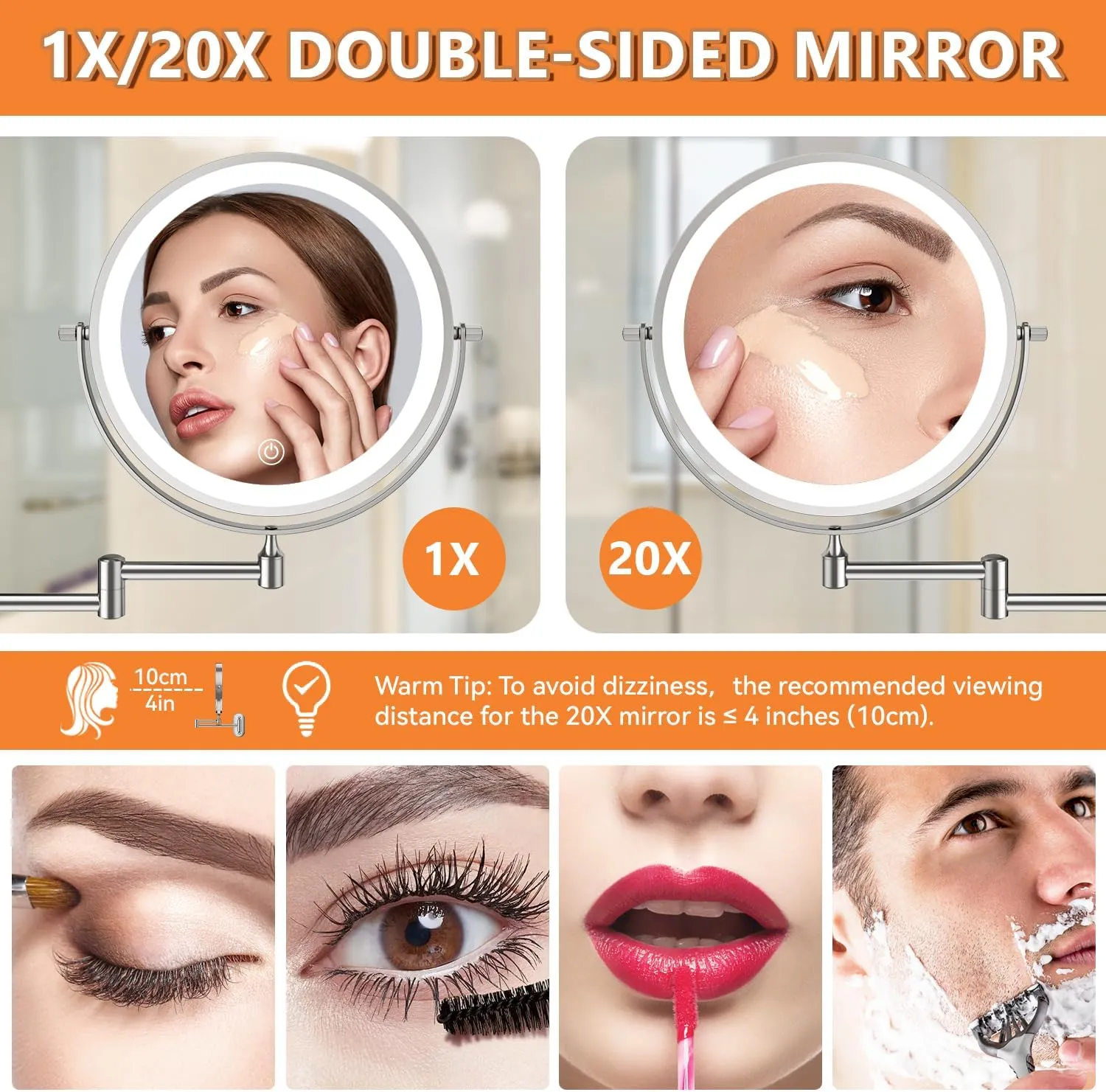 1X/20X Wall Mounted Makeup Mirror With Light, 8" Double-Sided Magnifying Mirror with Tweezer, 3 Color Lights Touch Dimmable Vanity Mirror with 360° Extension Rotation Foldable 14.5 Inch Arm, Chrome