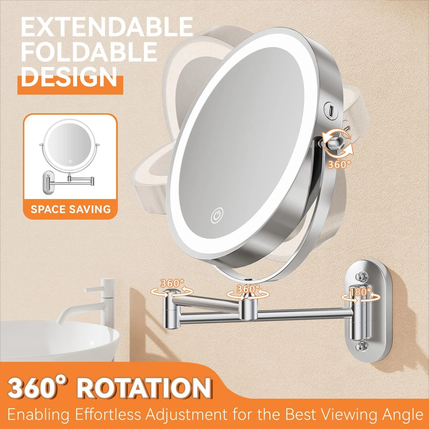1X/20X Wall Mounted Makeup Mirror With Light, 8" Double-Sided Magnifying Mirror with Tweezer, 3 Color Lights Touch Dimmable Vanity Mirror with 360° Extension Rotation Foldable 14.5 Inch Arm, Chrome