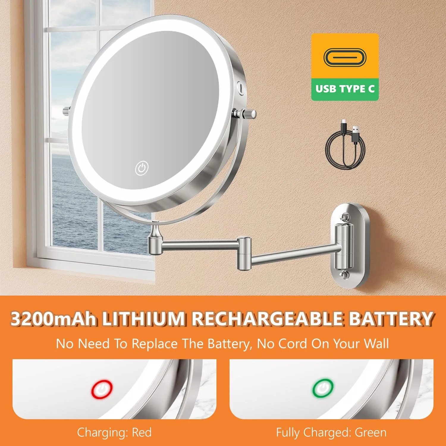 1X/20X Wall Mounted Makeup Mirror With Light, 8" Double-Sided Magnifying Mirror with Tweezer, 3 Color Lights Touch Dimmable Vanity Mirror with 360° Extension Rotation Foldable 14.5 Inch Arm, Chrome