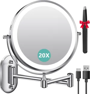 1X/20X Wall Mounted Makeup Mirror With Light, 8" Double-Sided Magnifying Mirror with Tweezer, 3 Color Lights Touch Dimmable Vanity Mirror with 360° Extension Rotation Foldable 14.5 Inch Arm, Chrome