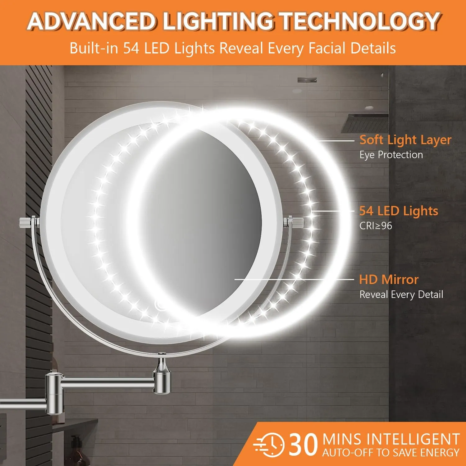 1X/20X Wall Mounted Makeup Mirror With Light, 8" Double-Sided Magnifying Mirror with Tweezer, 3 Color Lights Touch Dimmable Vanity Mirror with 360° Extension Rotation Foldable 14.5 Inch Arm, Chrome