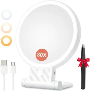 1X/30X Magnifying Mirror with Light, Double Sided Makeup Mirror with Adjustable Folding Handle, Lighted Vanity Mirror with Tweezer, Portable Tabletop Mirror for Travel Home