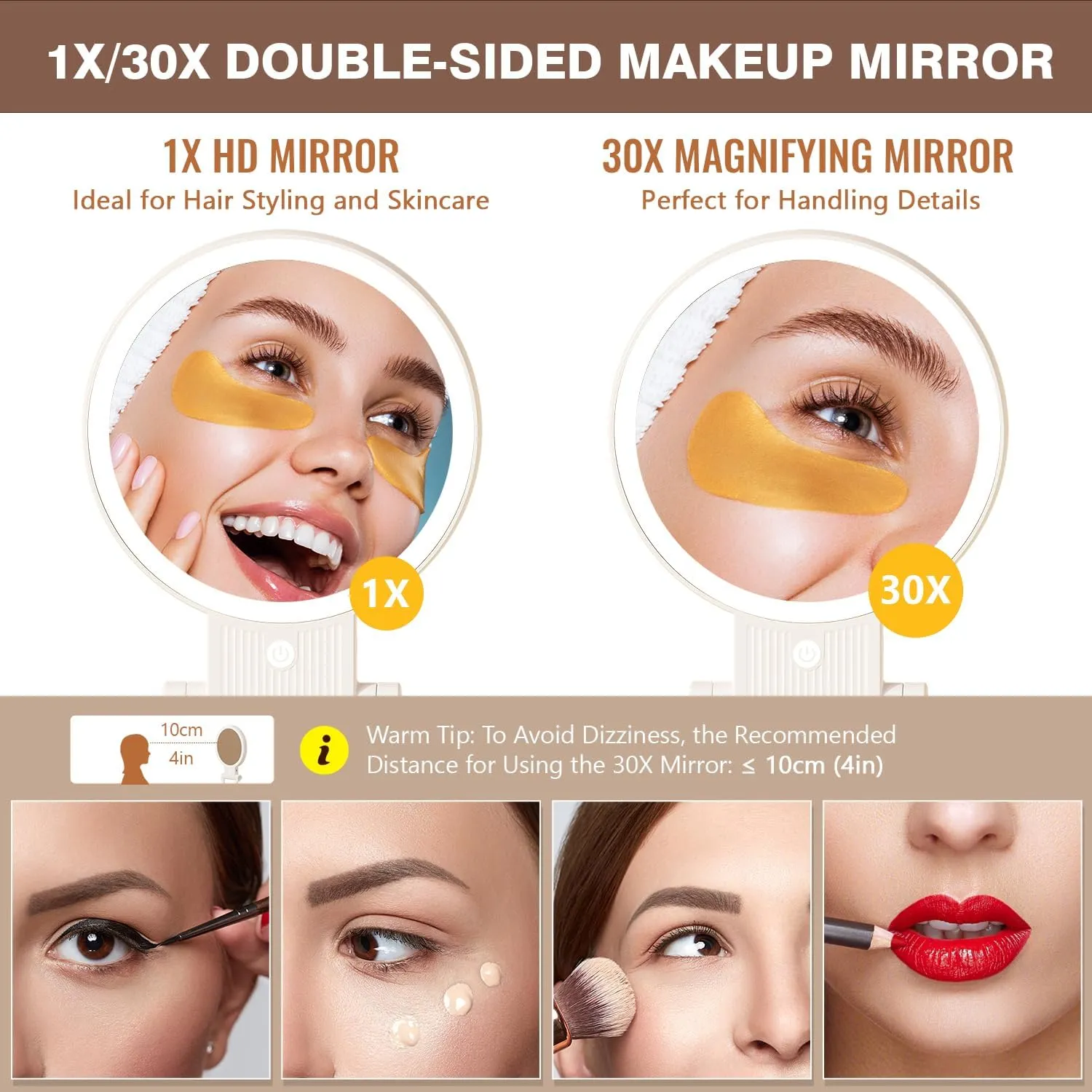 1X/30X Magnifying Mirror with Light, Double Sided Makeup Mirror with Adjustable Folding Handle, Lighted Vanity Mirror with Tweezer, Portable Tabletop Mirror for Travel Home