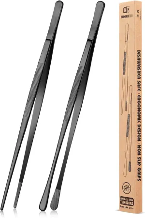 2 Pcs 12-Inch Kitchen Tweezers Fine Tweezer Tongs, Stainless Steel Professional Long Cooking Tweezers for BBQ, Sea Food, Repairing and Serving (BLACK)