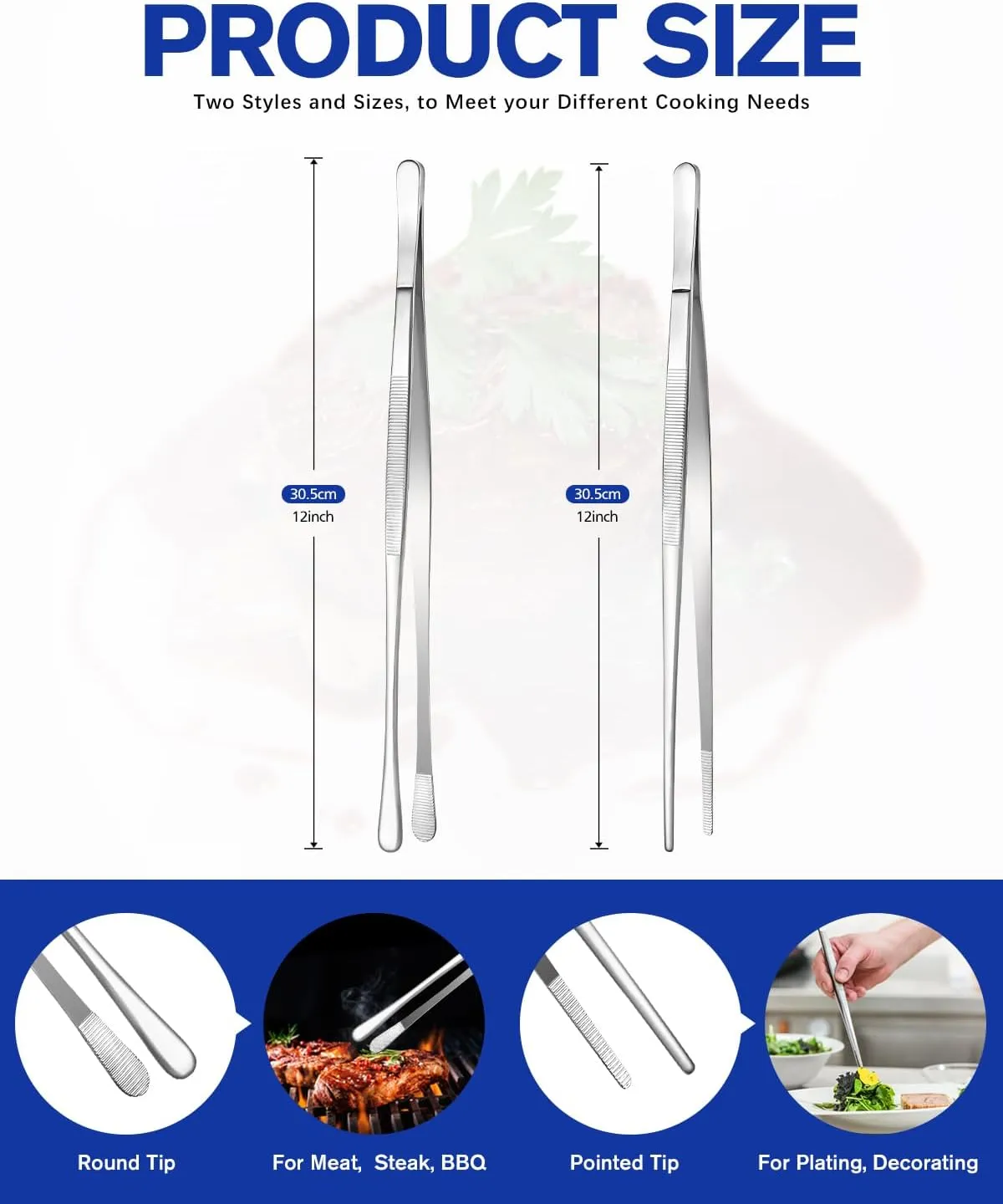 2 Pcs 12-Inch Kitchen Tweezers Fine Tweezer Tongs, Stainless Steel Professional Long Cooking Tweezers for BBQ, Sea Food, Repairing and Serving (SILVER)