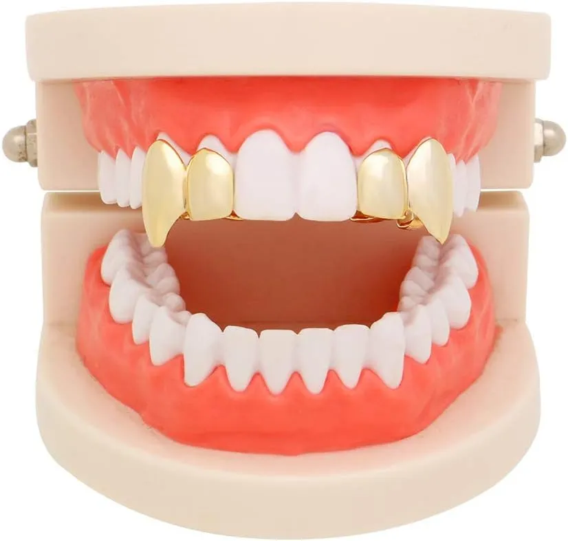 2 Pcs 18K Gold Plated Double Tooth Cap Hip Hop Teeth Grillz Vampire Fangs Grills Set for Men and Women Rapper Cosplay Costume