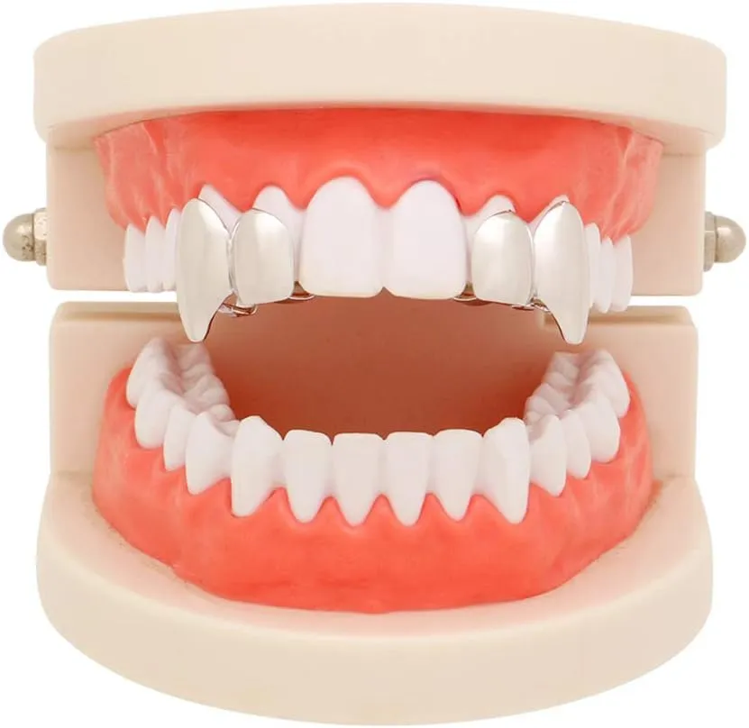 2 Pcs 18K Gold Plated Double Tooth Cap Hip Hop Teeth Grillz Vampire Fangs Grills Set for Men Women Party Accessories Teeth Grills (01, Silver)