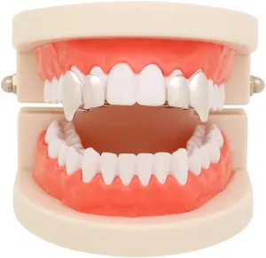 2 Pcs 18K Gold Plated Double Tooth Cap Hip Hop Teeth Grillz Vampire Fangs Grills Set for Men Women Party Accessories Teeth Grills (01, Silver)