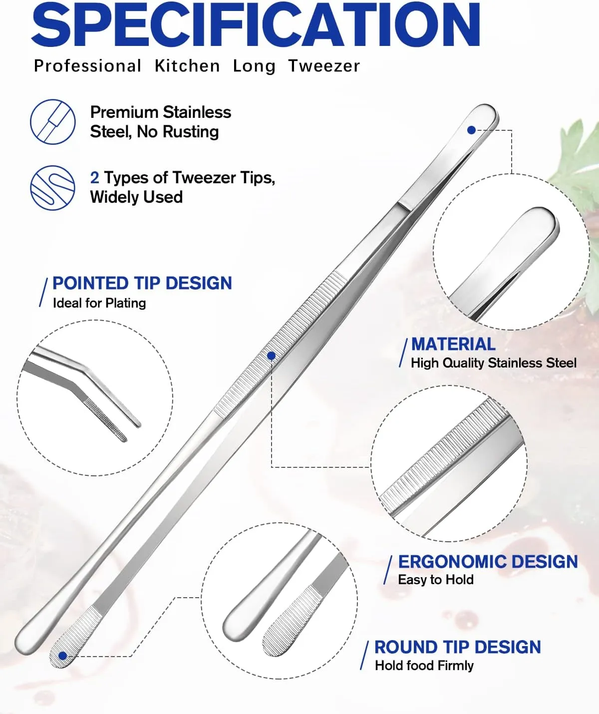 2 Pcs Kitchen Fine Tweezer Tongs, 12'' Stainless Steel Food Tweezers Set, Professional Black Kitchen Long Tweezer for Cooking, Repairing, Sea food and BBQ(SILVER)
