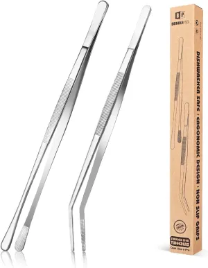 2 Pcs Kitchen Fine Tweezer Tongs, 12'' Stainless Steel Food Tweezers Set, Professional Black Kitchen Long Tweezer for Cooking, Repairing, Sea food and BBQ(SILVER)