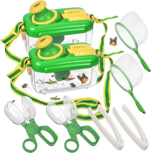 2 Sets Bug Catcher Kit for Kids, Bug Collection Kit Gifts with Retractable 360° Rotatable Magnifying Glass Insect Observation Box, Insect Clip, Butterfly Net, Tweezer, Outdoor Activities for Kids