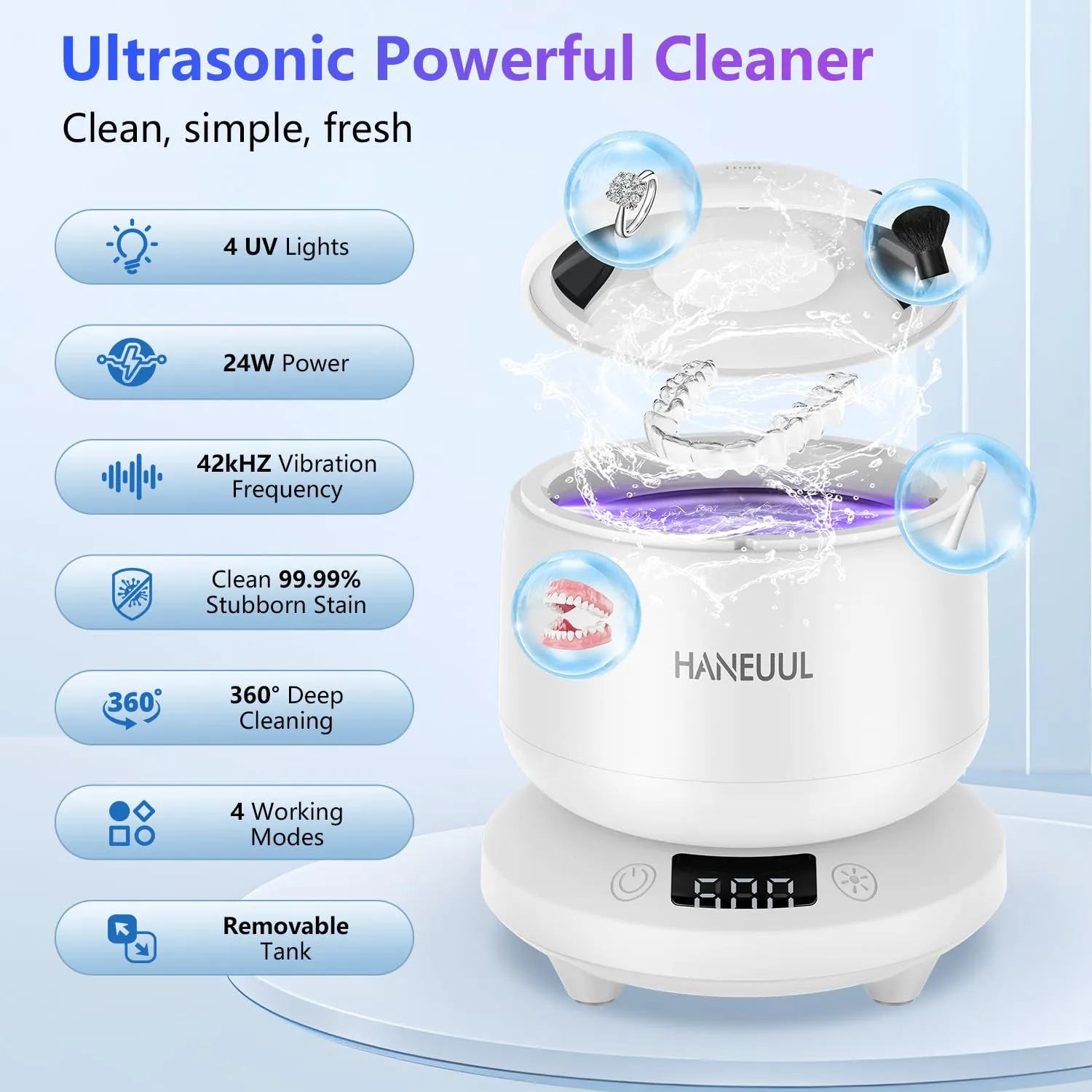 2025 Ultrasonic Retainer Cleaner for Dentures & Aligner, Durable Removable Base and Top Cover, Denture Cleaner Machine with 4 Modes for Mouth Guards, Jewelry, Rings, etc (White)