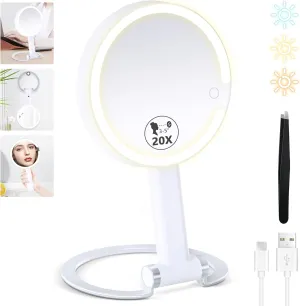 20X/ 1X Travel Magnifying Mirror with Light, Lighted Makeup Mirror with Magnification Double Sided, Lighted Vanity Mirror with Tweezer, Portable Tabletop Mirror 3 Color HandHold Hanging