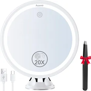 20X Magnifying Mirror with Light, Lighted Makeup Mirror with Magnification, 8″ Rechargeable Vanity Mirror with Power Suction Cup and Tweezers, 360° Swivel Portable for Home Travel Bathroom