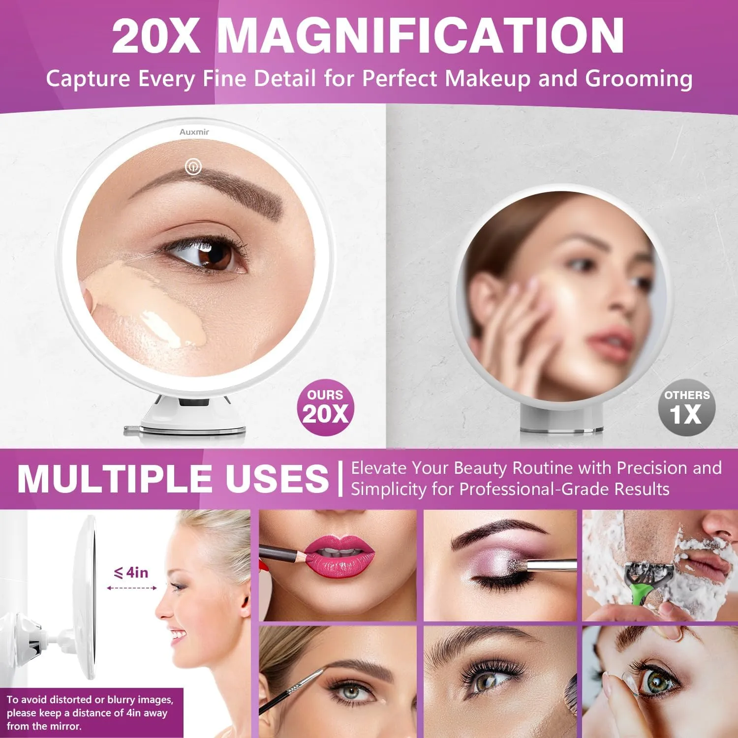 20X Magnifying Mirror with Light, Lighted Makeup Mirror with Magnification, 8″ Rechargeable Vanity Mirror with Power Suction Cup and Tweezers, 360° Swivel Portable for Home Travel Bathroom