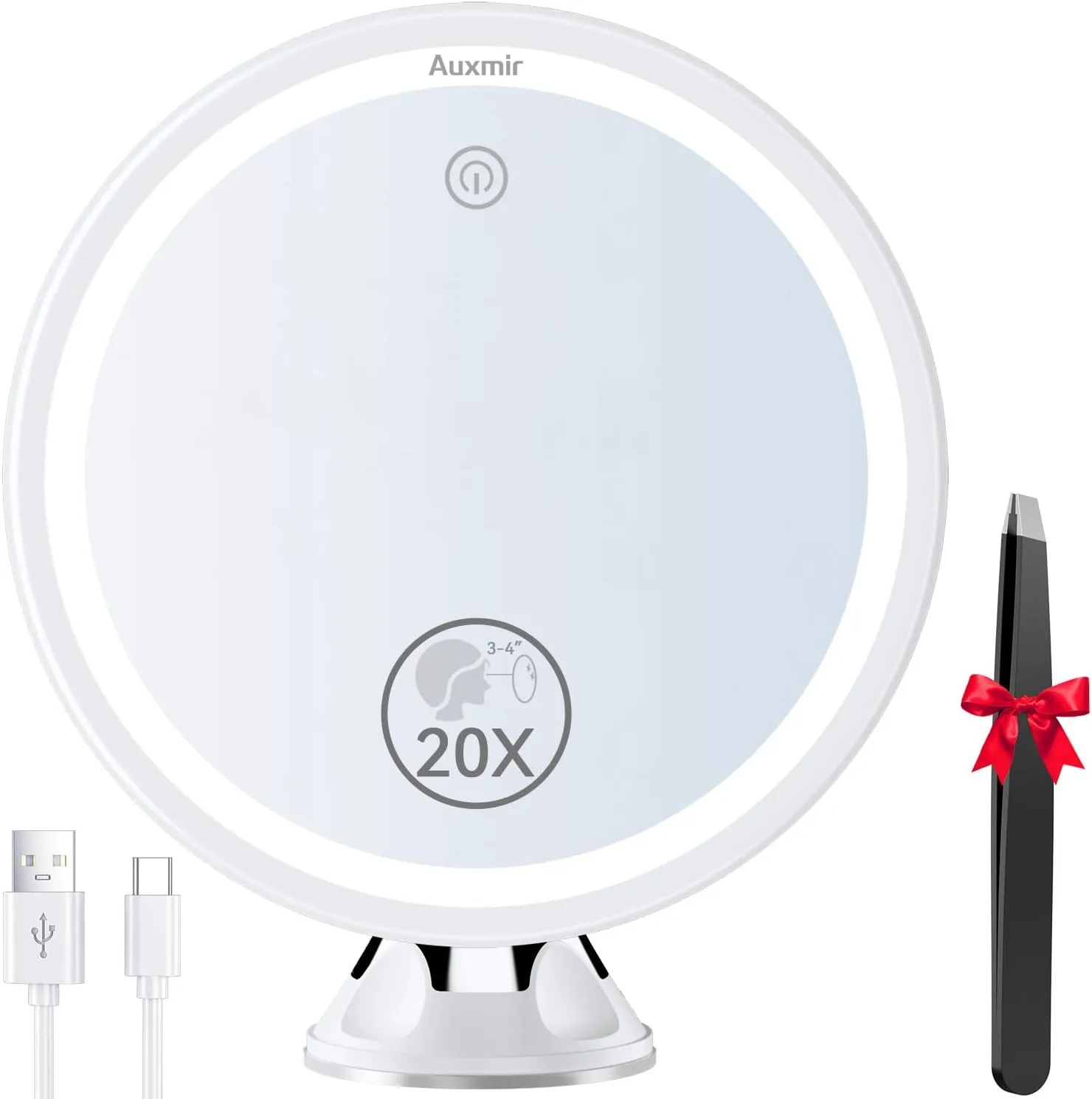 20X Magnifying Mirror with Light, Lighted Makeup Mirror with Magnification, 8″ Rechargeable Vanity Mirror with Power Suction Cup and Tweezers, 360° Swivel Portable for Home Travel Bathroom