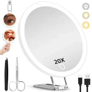 20X Magnifying Mirror with Lights, 6inch Makeup Magnified Mirror 20x Lighted Travel Magnification with 3 Suction Cups and 360° Adjustable Stand- Includes Tweezers & Scissors