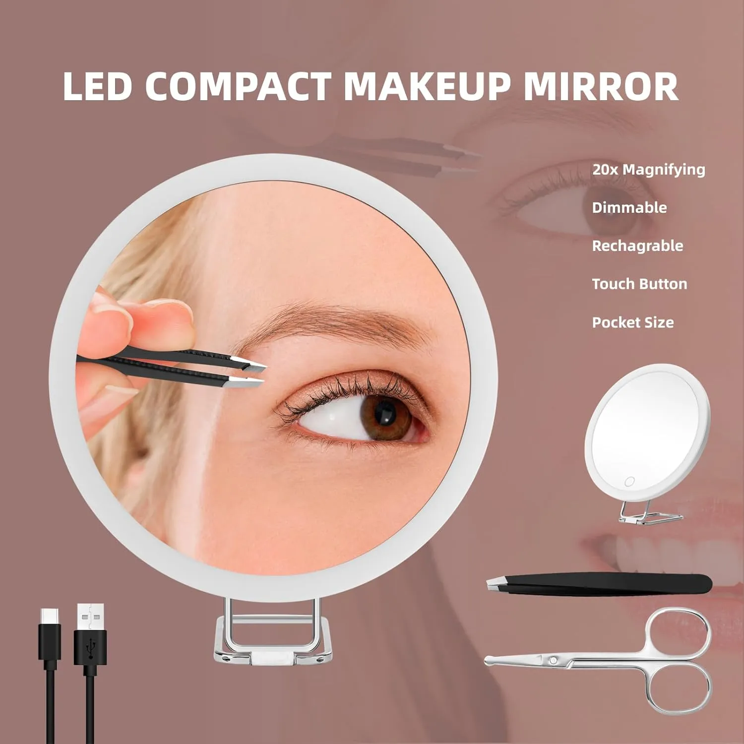 20X Magnifying Mirror with Lights, 6inch Makeup Magnified Mirror 20x Lighted Travel Magnification with 3 Suction Cups and 360° Adjustable Stand- Includes Tweezers & Scissors