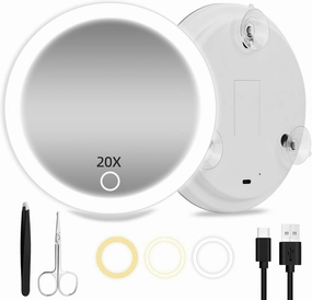 20X Magnifying Mirror with Light, Large 6inch 20X Makeup Magnification, Travel Magnified Mirror with 3 Color Lights & Suction Cups, with Tweezers and Scissors - Perfect for Makeup & Close-Up Tasks