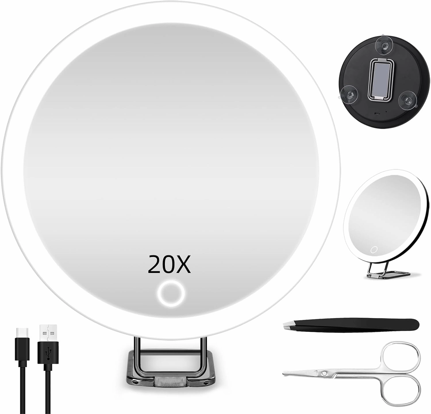20X Magnifying Mirror with Lights, 6'' Makeup Magnified Mirror 20X High Magnification with Suction Cups & Table Stand, Travel Magnification with Tweezers and Scissors Set for Women/Men