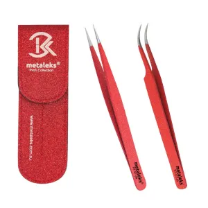 2PCS Eyelash Extension Tweezers Surgical Stainless Steel With Pouch (Red Powder Coated)