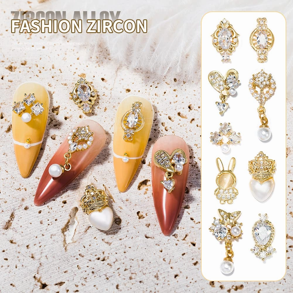 30Pcs Nail Art Crystal Pearl Charms Mix Shapes Zircon Dangle Rhinestones Nail Jewelry 3D Dangle Nail Charms Crystal Metal Nail Gems Nail Flowers Jewelry Studs for Nail DIY