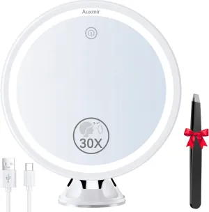 30X Magnifying Mirror with Light, Makeup Mirror with 3 Color Lights, 8″ Rechargeable Vanity Mirror with Power Suction Cup, 360° Swivel, Touch Dimmable Mirrors with Tweezer for Home Travel